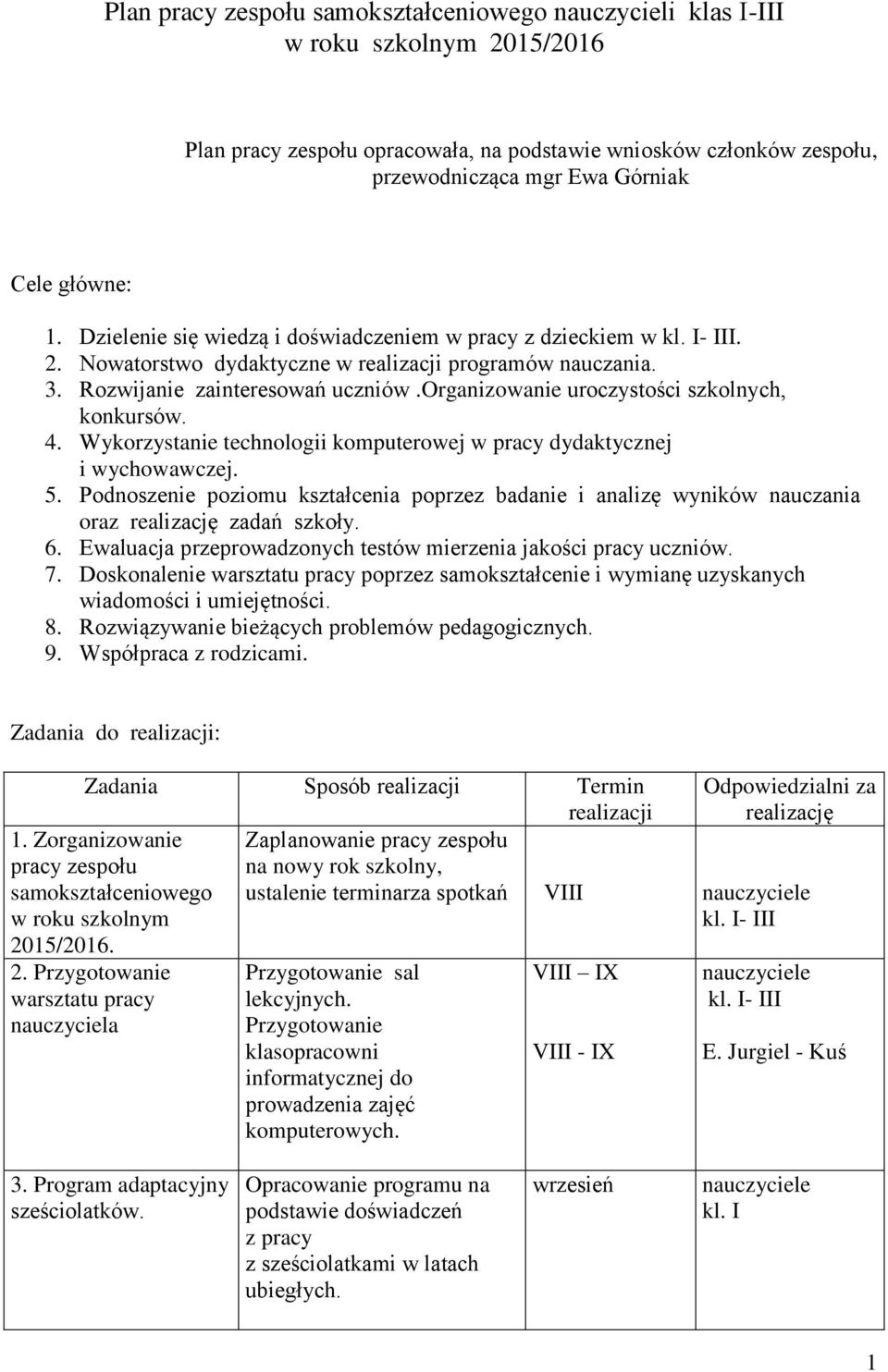 organizowanie uroczystości szkolnych, konkursów. 4. Wykorzystanie technologii komputerowej w pracy dydaktycznej i wychowawczej. 5.