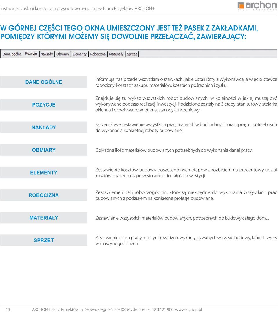 Znajduje się tu wykaz wszystkich robót budowlanych, w kolejności w jakiej muszą być wykonywane podczas realizacji inwestycji.