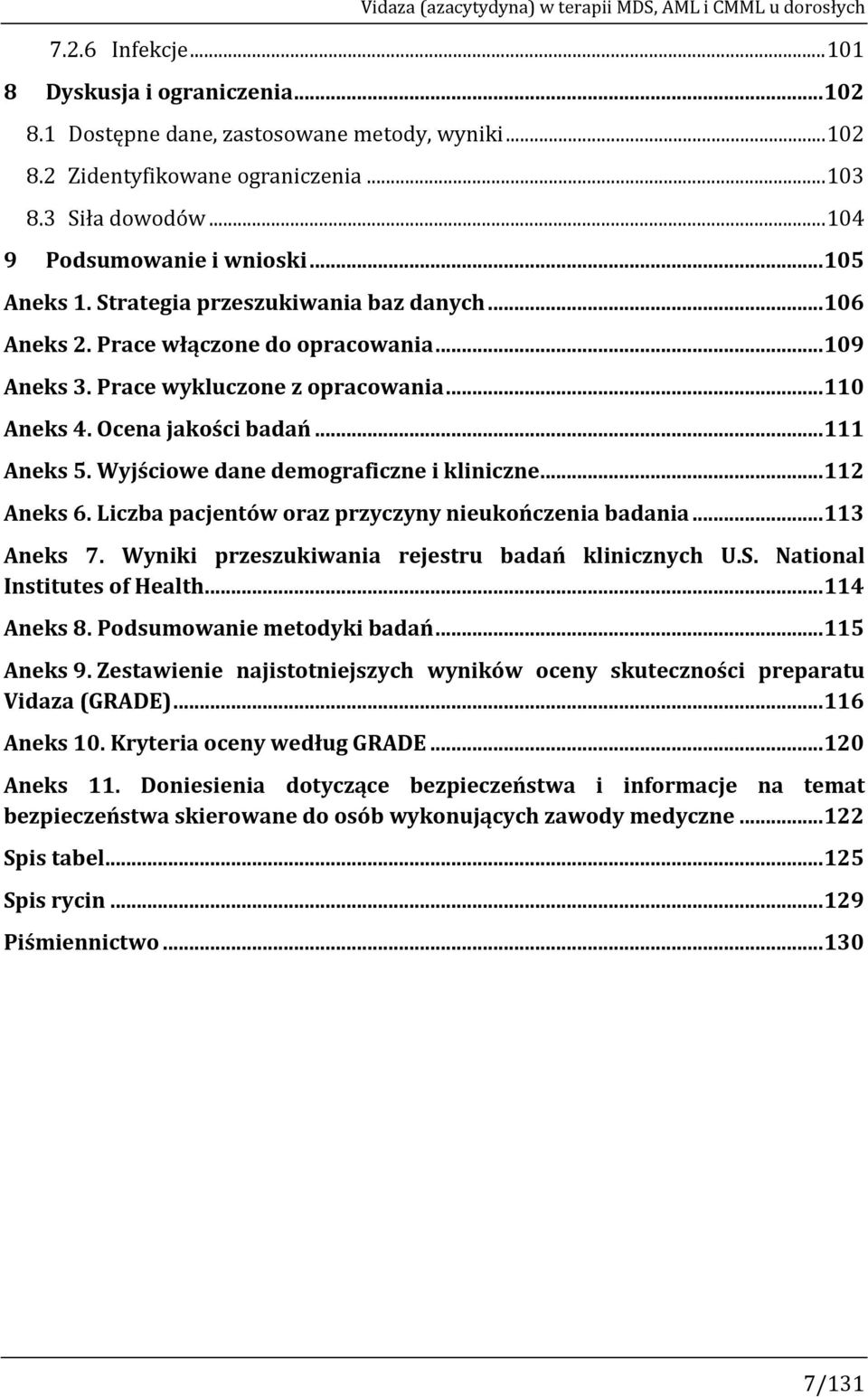 Prace wykluczone z opracowania... 110 Aneks 4. Ocena jakości badań... 111 Aneks 5. Wyjściowe dane demograficzne i kliniczne... 112 Aneks 6. Liczba pacjentów oraz przyczyny nieukończenia badania.