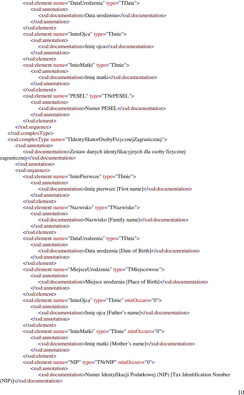</xsd:sequence> </xsd:complextype> <xsd:complextype name="tidentyfikatorosobyfizycznejzagranicznej"> <xsd:documentation>zestaw danych identyfikacyjnych dla osoby fizycznej