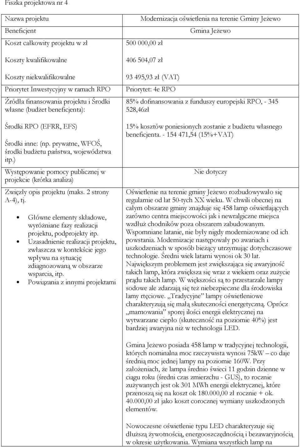 ) Występowanie pomocy publicznej w projekcie (krótka analiza) Zwięzły opis projektu (maks. 2 strony A-4), tj. Główne elementy składowe, wyróŝniane fazy realizacji projektu, podprojekty itp.