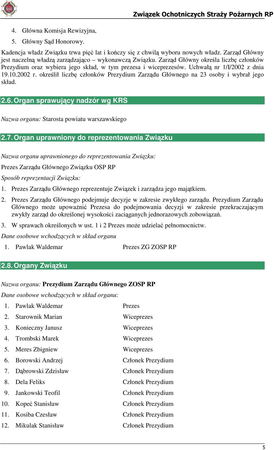 Uchwałą nr 1/I/2002 z dnia 19.10.2002 r. określił liczbę członków Prezydium Zarządu Głównego na 23 osoby i wybrał jego skład. 2.6.