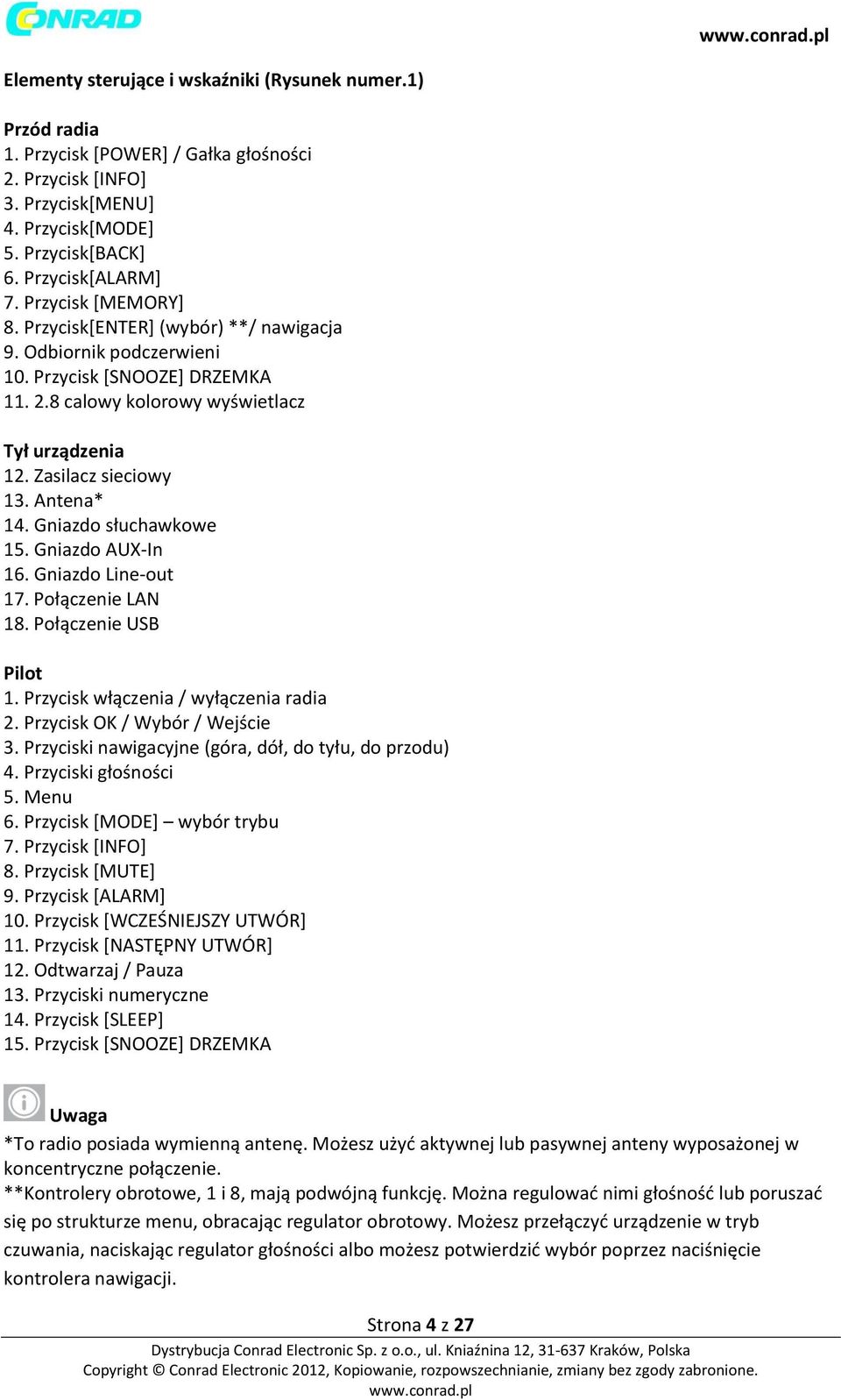 Antena* 14. Gniazdo słuchawkowe 15. Gniazdo AUX-In 16. Gniazdo Line-out 17. Połączenie LAN 18. Połączenie USB Pilot 1. Przycisk włączenia / wyłączenia radia 2. Przycisk OK / Wybór / Wejście 3.