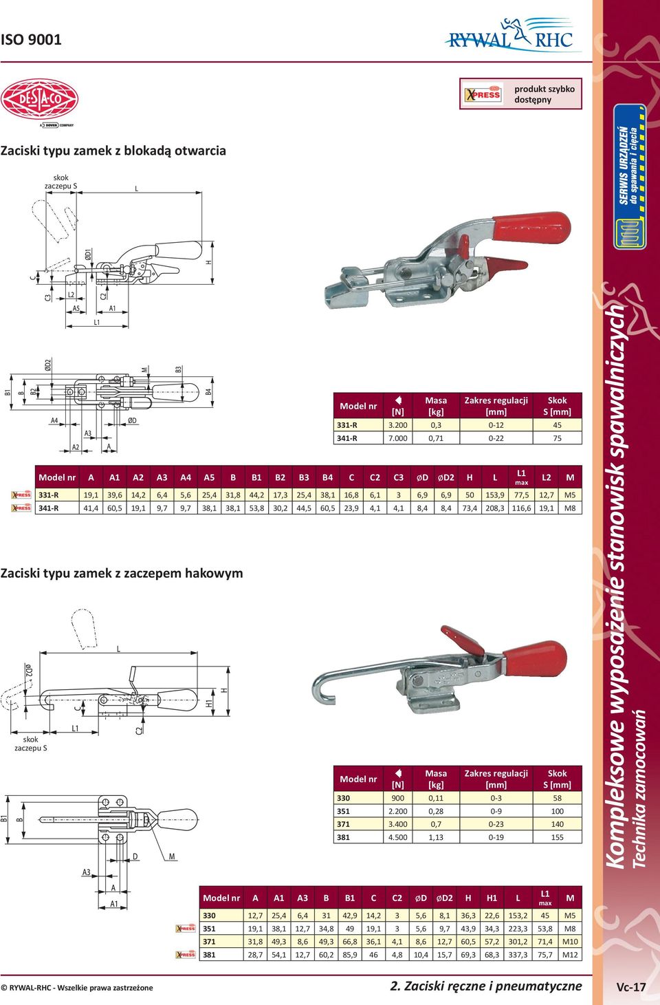 38,1 53,8 30,2 44,5 60,5 23,9 4,1 4,1 8,4 8,4 73,4 208,3 116,6 19,1 M8 Zaciski typu zamek z zaczepem hakowym skok zaczepu S L1 max Zakres regulacji [mm] L2 M Skok S [mm] 330 900 0,11 0-3 58 351 2.