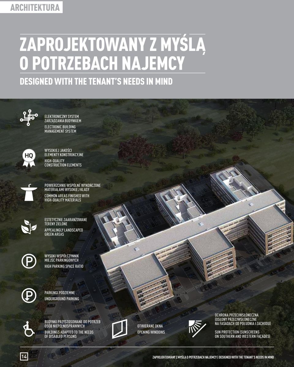 ZIELONE APPEALINGLY LANDSCAPED GREEN AREAS WYSOKI WSPÓŁCZYNNIK MIEJSC PARKINGOWYCH HIGH PARKING SPACE RATIO PARKINGI PODZIEMNE UNDERGROUND PARKING BUDYNKI PRZYSTOSOWANE DO POTRZEB OSÓB