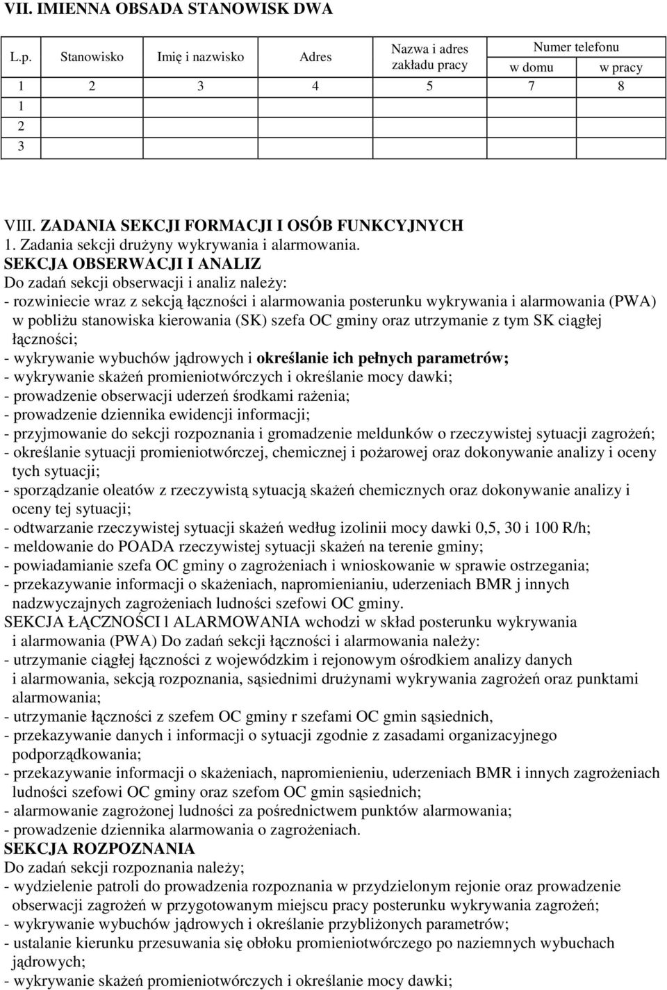 SEKCJA OBSERWACJI I ANALIZ Do zadań sekcji obserwacji i analiz naleŝy: - rozwiniecie wraz z sekcją łączności i alarmowania posterunku wykrywania i alarmowania (PWA) w pobliŝu stanowiska kierowania