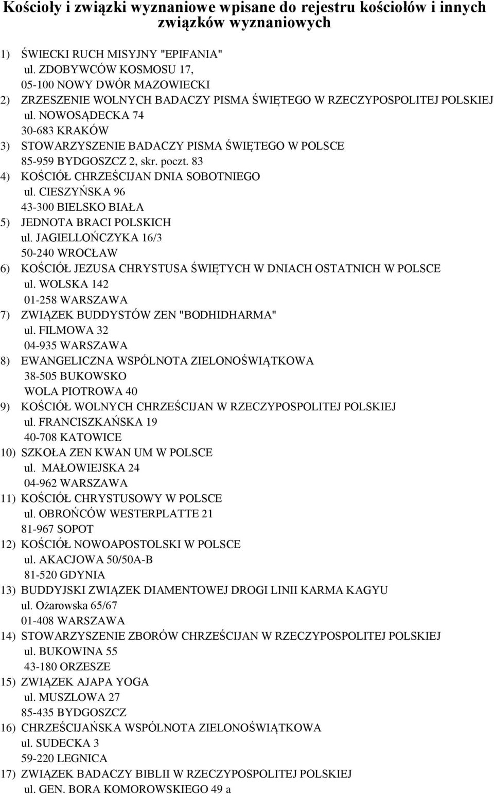 NOWOSĄDECKA 74 30-683 KRAKÓW 3) STOWARZYSZENIE BADACZY PISMA ŚWIĘTEGO W POLSCE 85-959 BYDGOSZCZ 2, skr. poczt. 83 4) KOŚCIÓŁ CHRZEŚCIJAN DNIA SOBOTNIEGO ul.