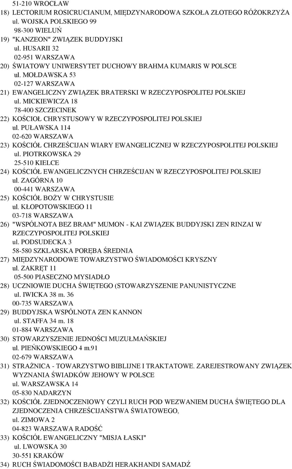 MICKIEWICZA 18 78-400 SZCZECINEK 22) KOŚCIOŁ CHRYSTUSOWY W RZECZYPOSPOLITEJ POLSKIEJ ul. PUŁAWSKA 114 02-620 WARSZAWA 23) KOŚCIÓŁ CHRZEŚCIJAN WIARY EWANGELICZNEJ W RZECZYPOSPOLITEJ POLSKIEJ ul.