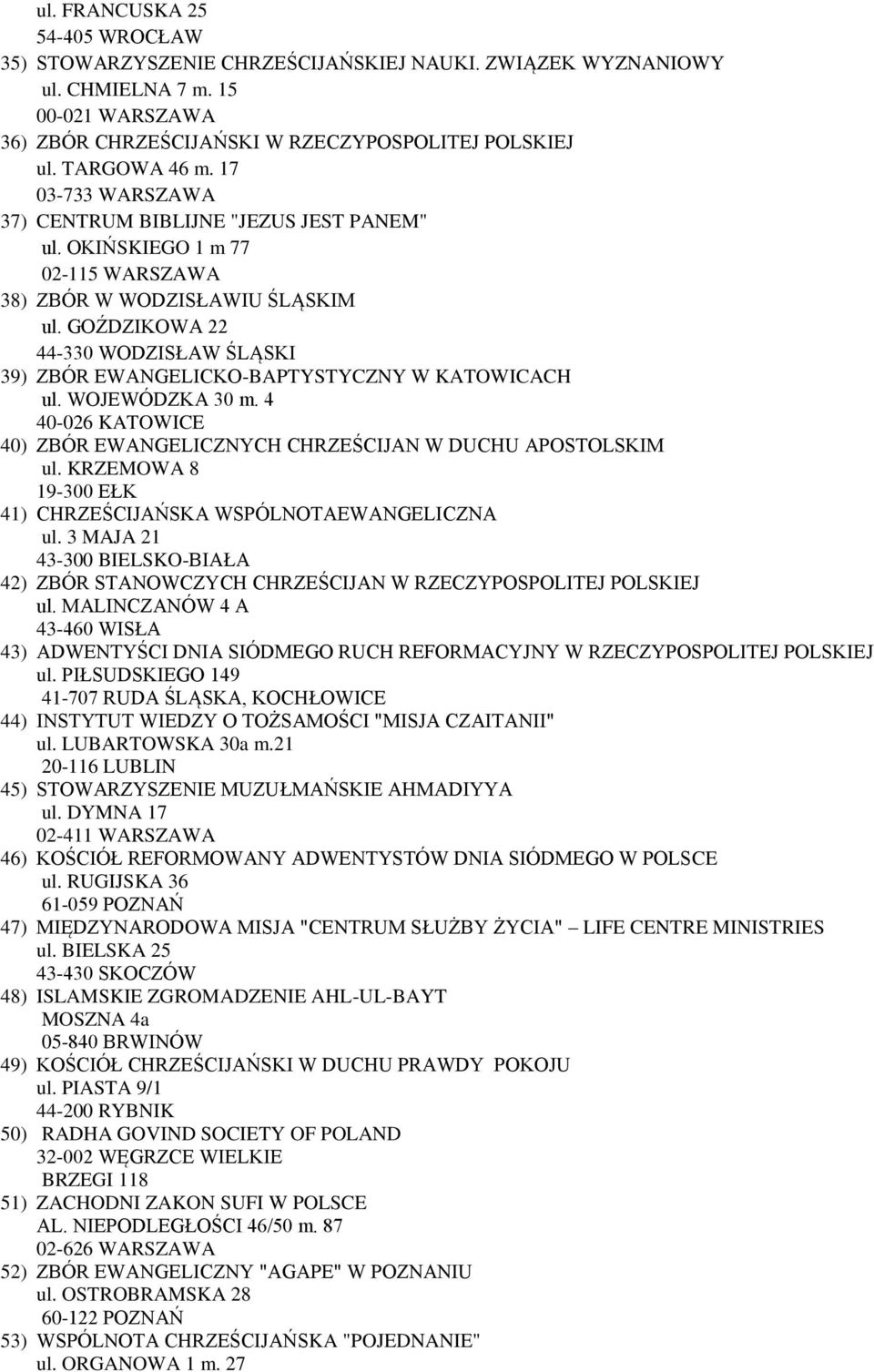 GOŹDZIKOWA 22 44-330 WODZISŁAW ŚLĄSKI 39) ZBÓR EWANGELICKO-BAPTYSTYCZNY W KATOWICACH ul. WOJEWÓDZKA 30 m. 4 40-026 KATOWICE 40) ZBÓR EWANGELICZNYCH CHRZEŚCIJAN W DUCHU APOSTOLSKIM ul.