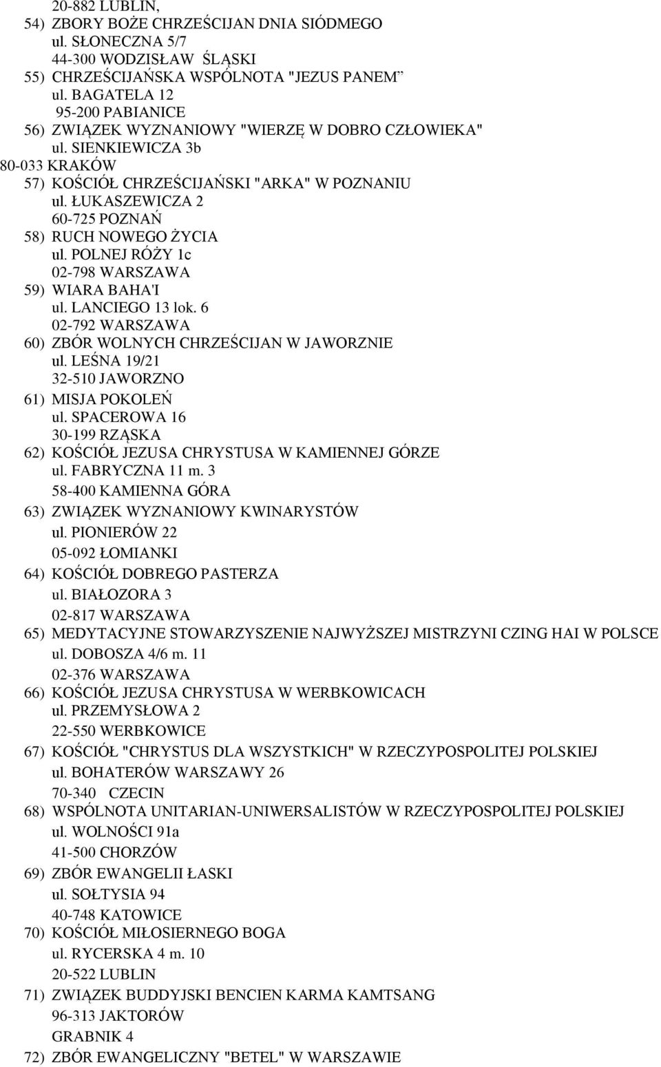 ŁUKASZEWICZA 2 60-725 POZNAŃ 58) RUCH NOWEGO ŻYCIA ul. POLNEJ RÓŻY 1c 02-798 WARSZAWA 59) WIARA BAHA'I ul. LANCIEGO 13 lok. 6 02-792 WARSZAWA 60) ZBÓR WOLNYCH CHRZEŚCIJAN W JAWORZNIE ul.