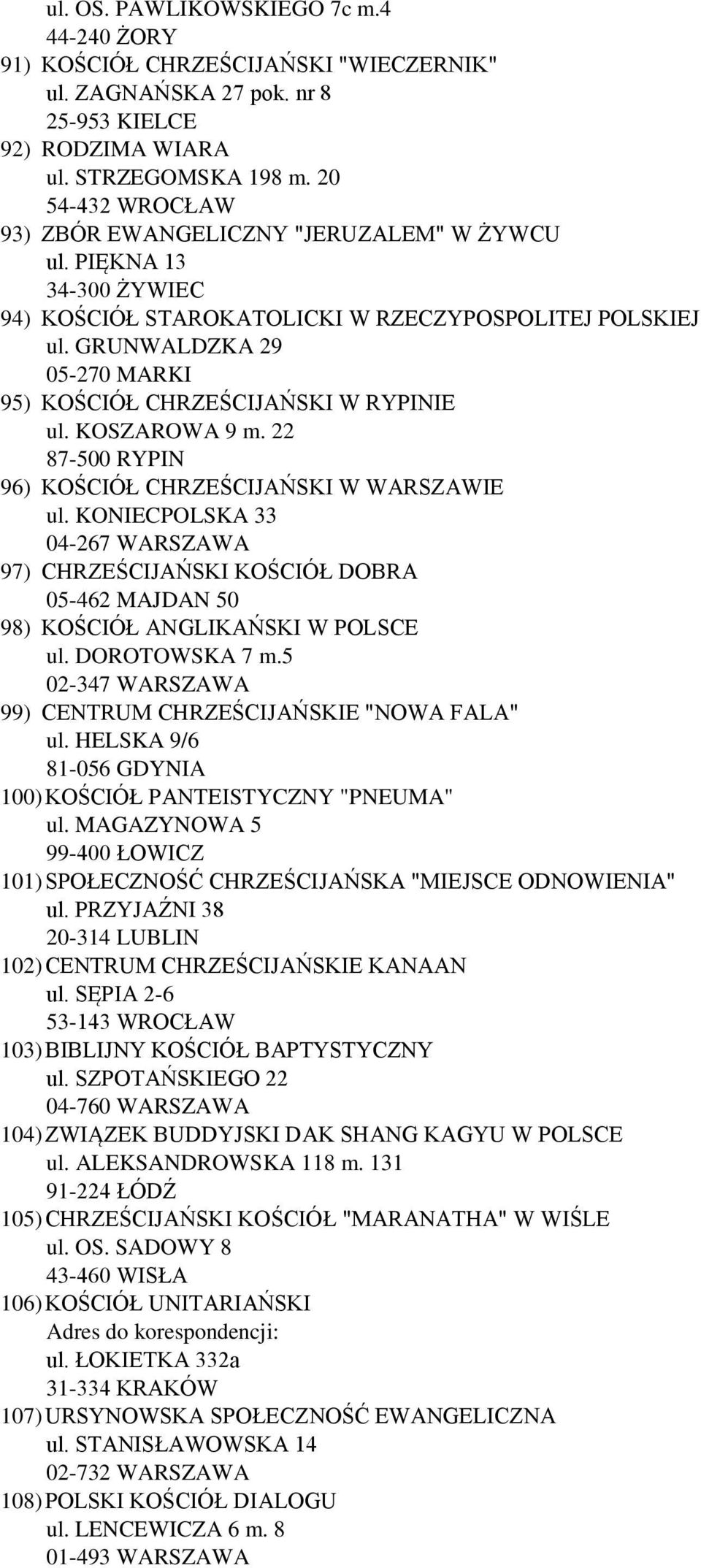 GRUNWALDZKA 29 05-270 MARKI 95) KOŚCIÓŁ CHRZEŚCIJAŃSKI W RYPINIE ul. KOSZAROWA 9 m. 22 87-500 RYPIN 96) KOŚCIÓŁ CHRZEŚCIJAŃSKI W WARSZAWIE ul.