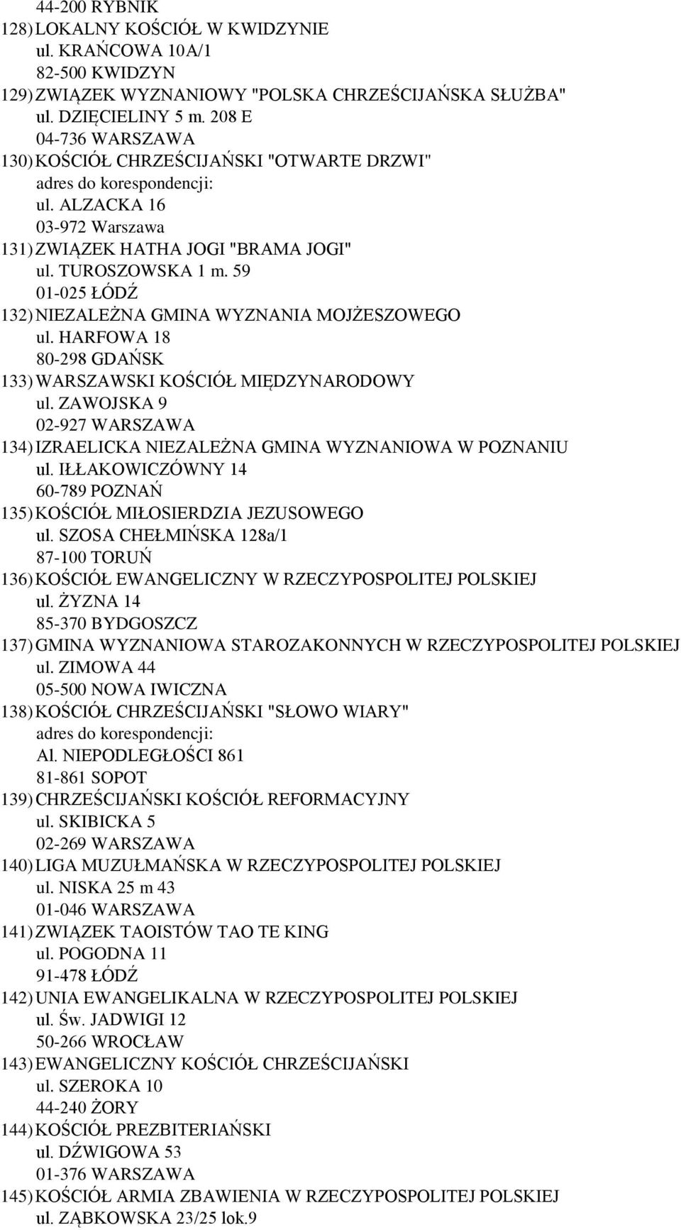 59 01-025 ŁÓDŹ 132) NIEZALEŻNA GMINA WYZNANIA MOJŻESZOWEGO ul. HARFOWA 18 80-298 GDAŃSK 133) WARSZAWSKI KOŚCIÓŁ MIĘDZYNARODOWY ul.