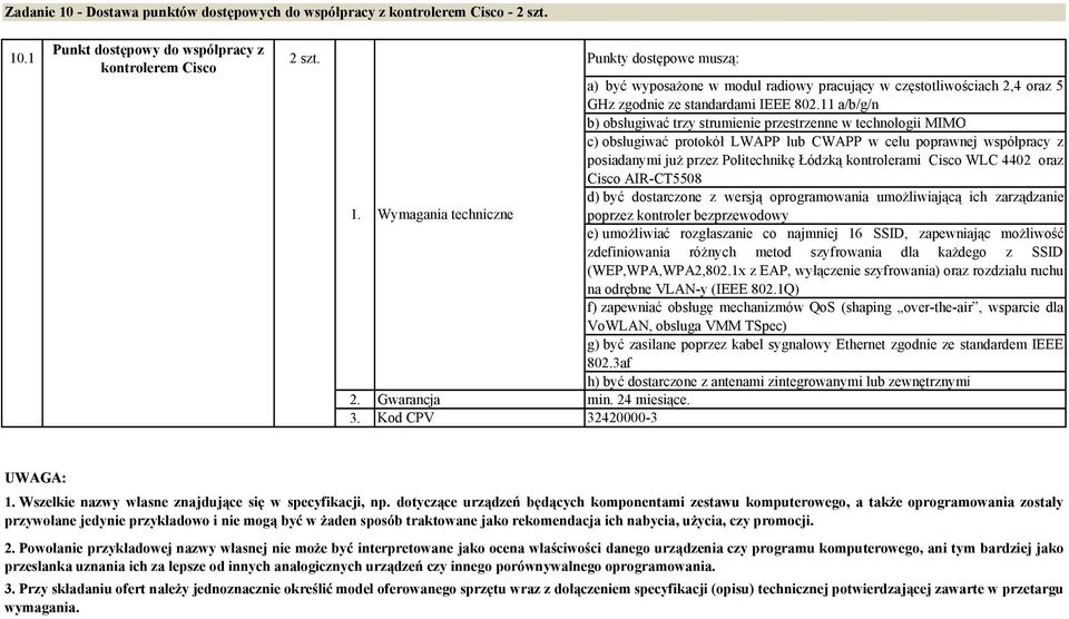 11 a/b/g/n b) obsługiwać trzy strumienie przestrzenne w technologii MIMO c) obsługiwać protokół LWAPP lub CWAPP w celu poprawnej współpracy z posiadanymi już przez Politechnikę Łódzką kontrolerami