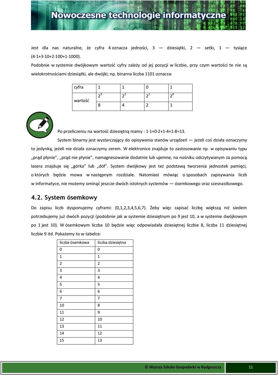 binarna liczba 1101 oznacza: cyfra 1 1 0 1 2 3 2 2 2 1 2 0 wartośd 8 4 2 1 Po przeliczeniu na wartośd dziesiętną mamy : 1 1+0 2+1 4+1 8=13.