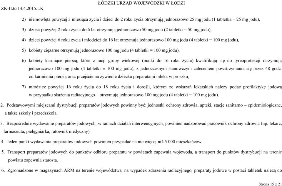 tabletki = 100 mg jodu), 6) kobiety karmiące piersią, które z racji grupy wiekowej (matki do 16 roku życia) kwalifikują się do tyreoprotekcji otrzymują jednorazowo 100 mg jodu (4 tabletki = 100 mg