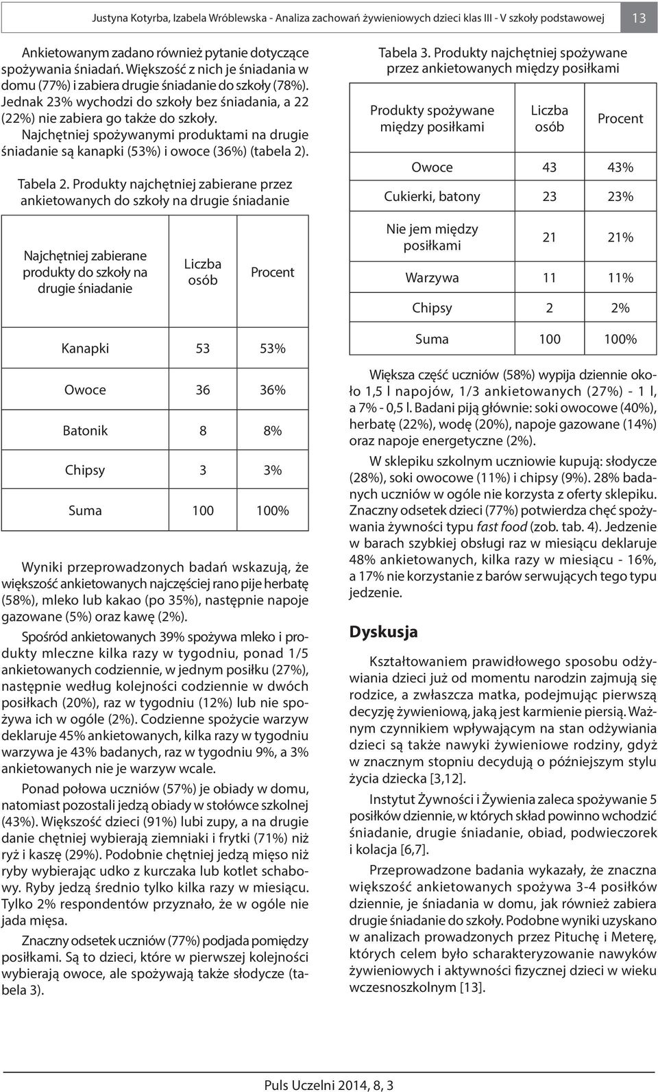 Najchętniej spożywanymi produktami na drugie śniadanie są kanapki (53%) i owoce (36%) (tabela 2). Tabela 2. Produkty najchętniej zabierane przez ankietowanych do szkoły na drugie śniadanie Tabela 3.