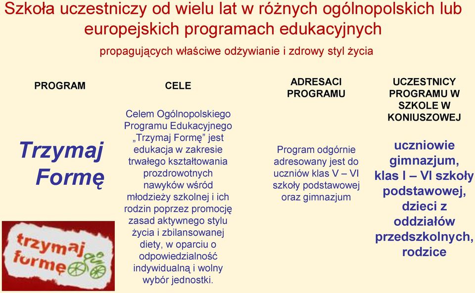 promocję zasad aktywnego stylu życia i zbilansowanej diety, w oparciu o odpowiedzialność indywidualną i wolny wybór jednostki.