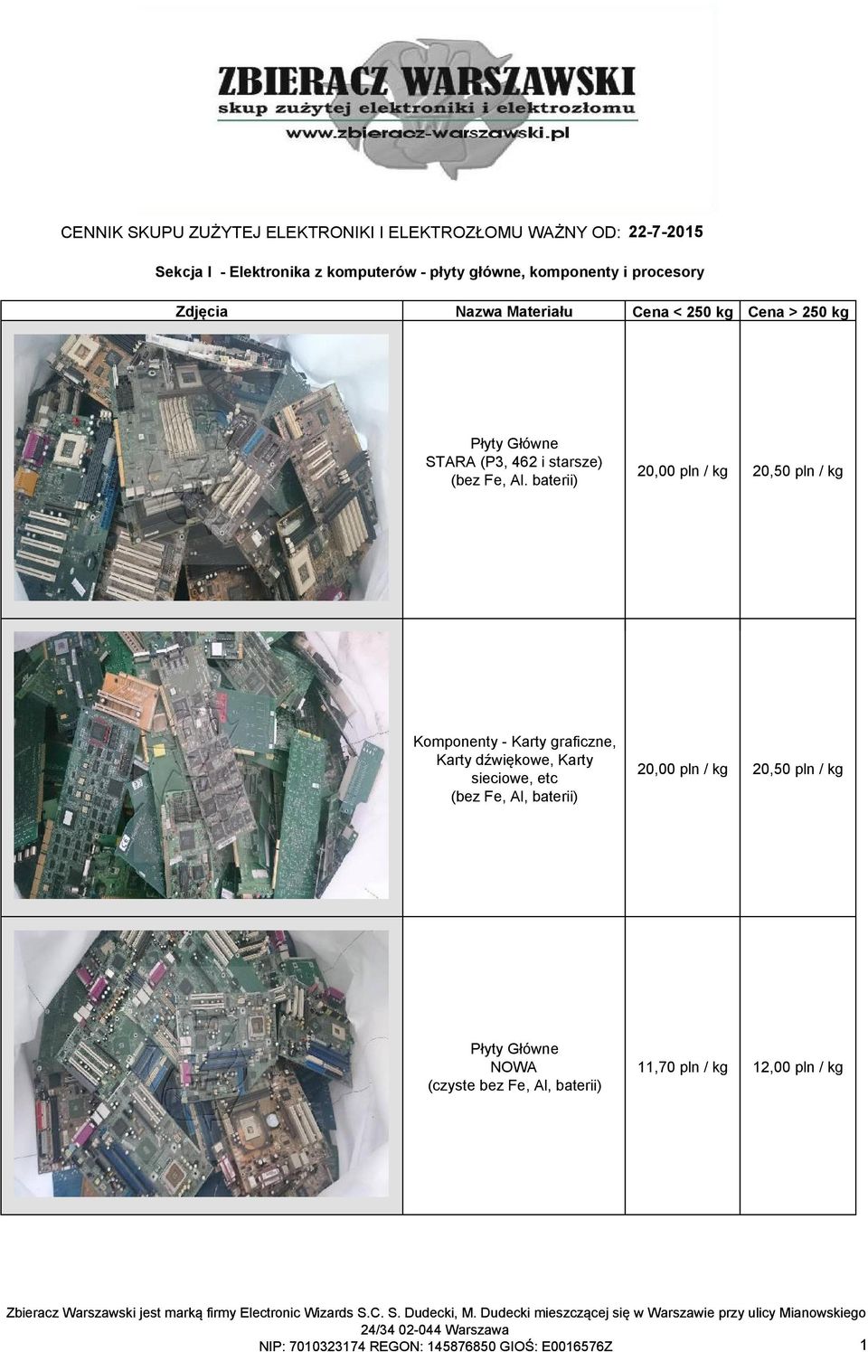 baterii) 20,00 pln / kg 20,50 pln / kg Komponenty - Karty graficzne, Karty dźwiękowe, Karty sieciowe, etc