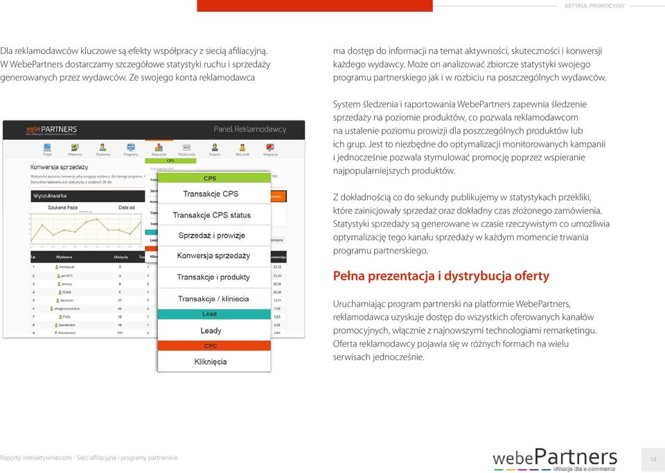 Może on analizować zbiorcze statystyki swojego programu partnerskiego jak i w rozbiciu na poszczególnych wydawców.