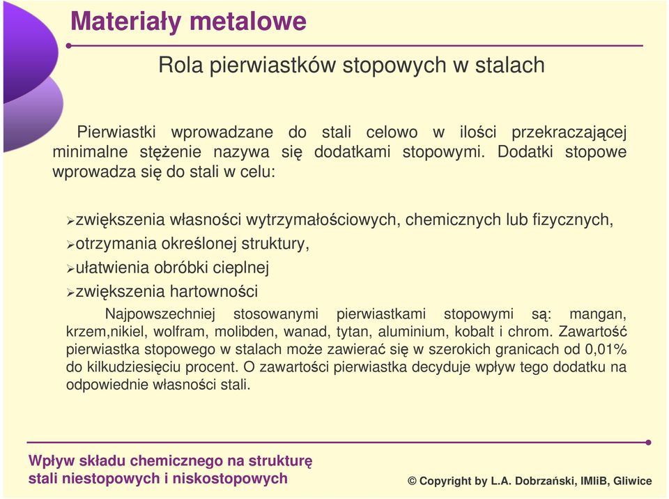 cieplnej zwikszenia hartownoci Najpowszechniej stosowanymi pierwiastkami stopowymi s: mangan, krzem,nikiel, wolfram, molibden, wanad, tytan, aluminium, kobalt i chrom.