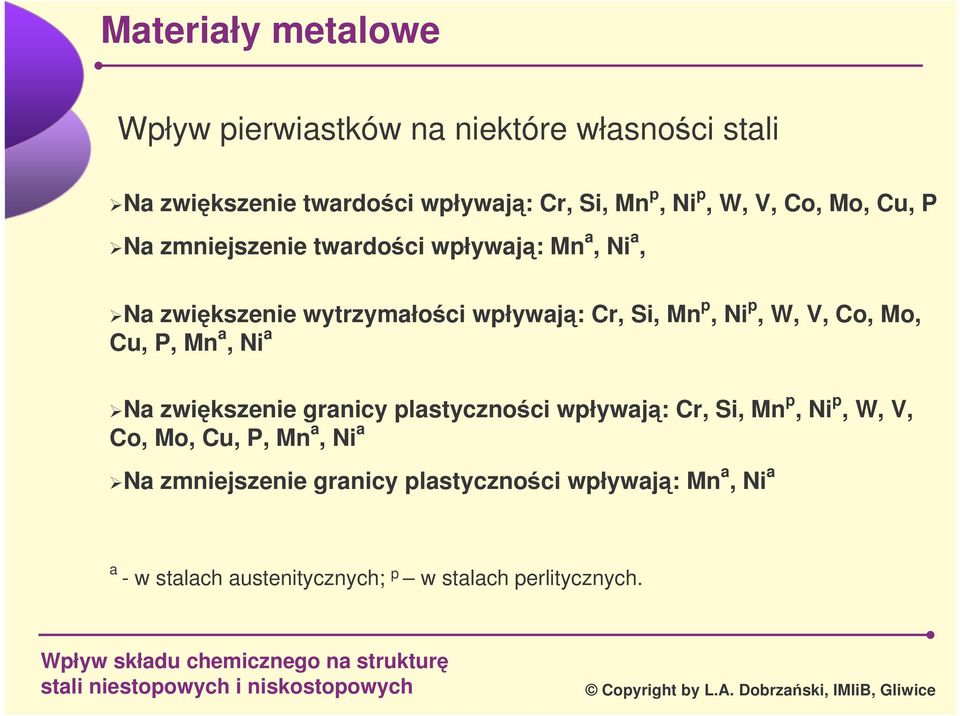 Mo, Cu, P, Mn a, Ni a Na zwikszenie granicy plastycznoci wpływaj: Cr, Si, Mn p, Ni p, W, V, Co, Mo, Cu, P, Mn a, Ni