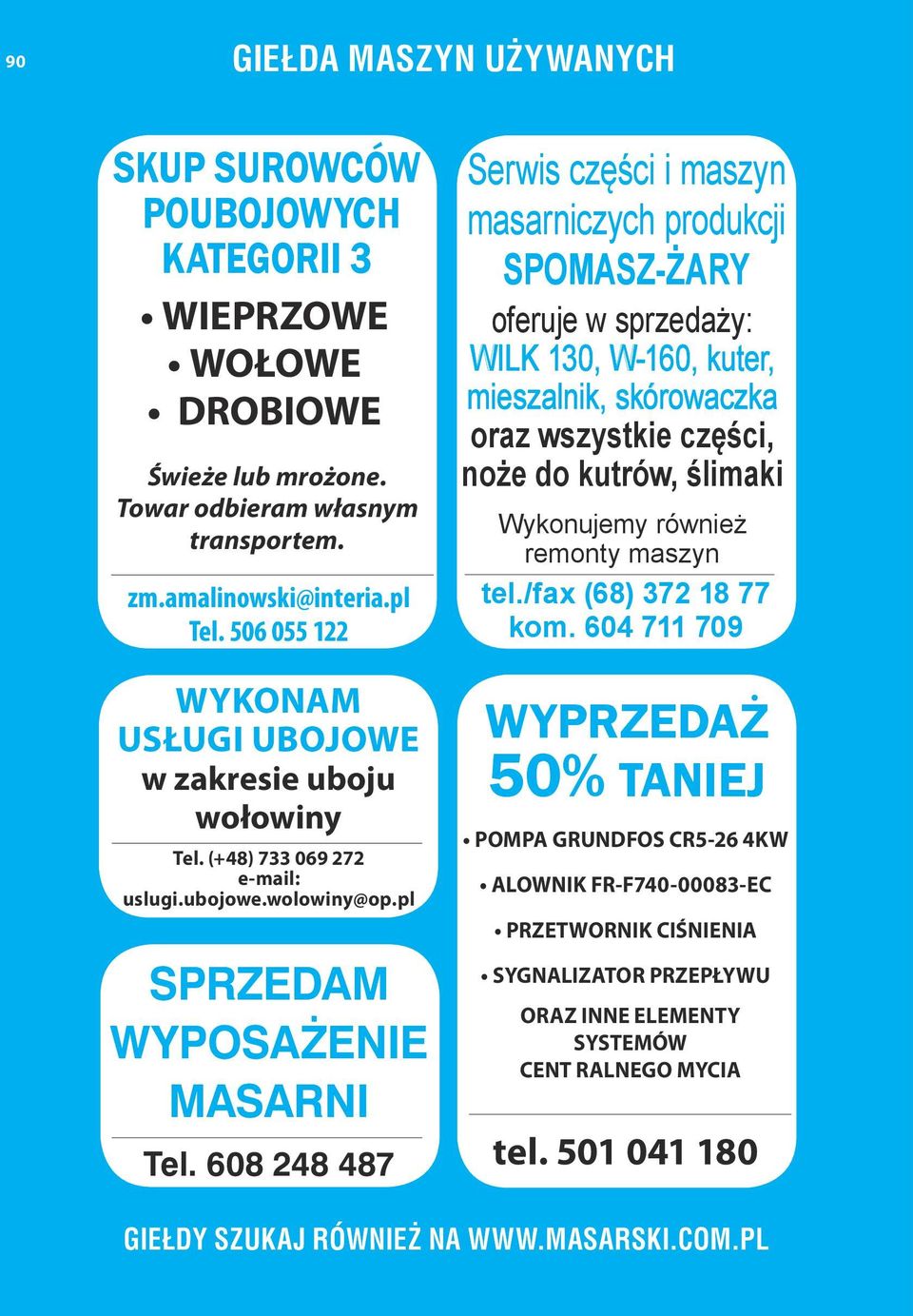 608 248 487 Serwis części i maszyn masarniczych produkcji SPOMASZ-ŻARY oferuje w sprzedaży: WILK 130, W-160, kuter, mieszalnik, skórowaczka oraz wszystkie części, noże do kutrów, ślimaki