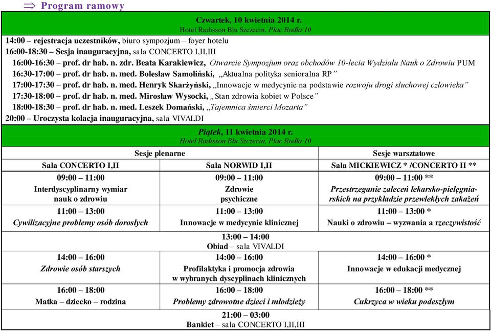 Beata Karakiewicz, Otwarcie Sympozjum oraz obchodów 10-lecia Wydziału Nauk o Zdrowiu PUM 16:30-17:00 prof. dr hab. n. med. Bolesław Samoliński, Aktualna polityka senioralna RP 17:00-17:30 prof.