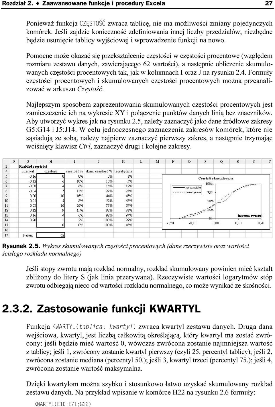 Pomocne może okazać się przekształcenie częstości w częstości procentowe (względem rozmiaru zestawu danych, zawierającego 62 wartości), a następnie obliczenie skumulowanych częstości procentowych