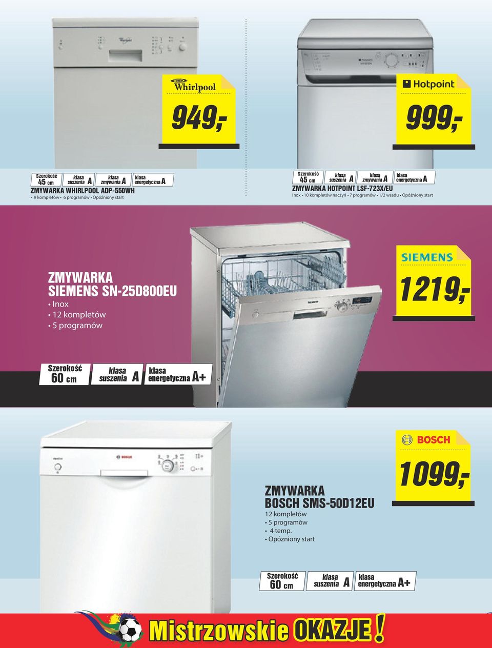 naczyń 7 programów 1/2 wsadu Opóźniony start ZMYWARKA SIEMENS SN-25D800EU Inox 12 kompletów 5