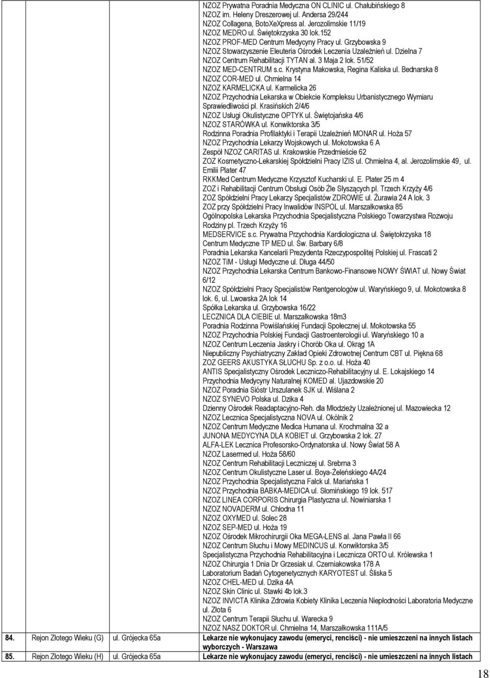 51/52 NZOZ MED-CENTRUM s.c. Krystyna Makowska, Regina Kaliska ul. Bednarska 8 NZOZ COR-MED ul. Chmielna 14 NZOZ KARMELICKA ul.