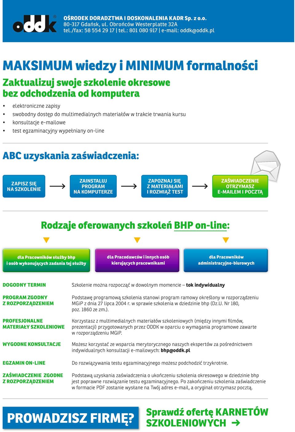 konsultacje e-mailowe test egzaminacyjny wypełniany on-line ABC uzyskania zaświadczenia: ZAPISZ SIĘ NA SZKOLENIE ZAINSTALUJ PROGRAM NA KOMPUTERZE ZAPOZNAJ SIĘ Z MATERIAŁAMI I ROZWIĄŻ TEST