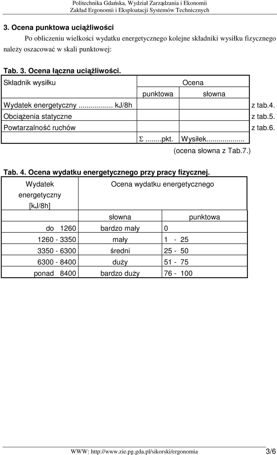 ..pkt. Wysiłek... (ocena słowna z Tab.7.) Tab. 4. Ocena wydatku energetycznego przy pracy fizycznej.