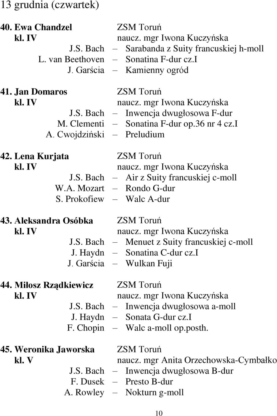 mgr Iwona Kuczyńska Inwencja dwugłosowa F-dur Sonatina F-dur op.36 nr 4 cz.i Preludium naucz. mgr Iwona Kuczyńska Air z Suity francuskiej c-moll Rondo G-dur Walc A-dur naucz.