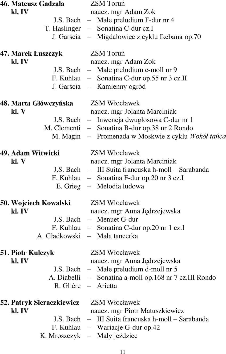 55 nr 3 cz.ii Kamienny ogród ZSM Włocławek naucz. mgr Jolanta Marciniak Inwencja dwugłosowa C-dur nr 1 Sonatina B-dur op.38 nr 2 Rondo Promenada w Moskwie z cyklu Wokół tańca ZSM Włocławek naucz.