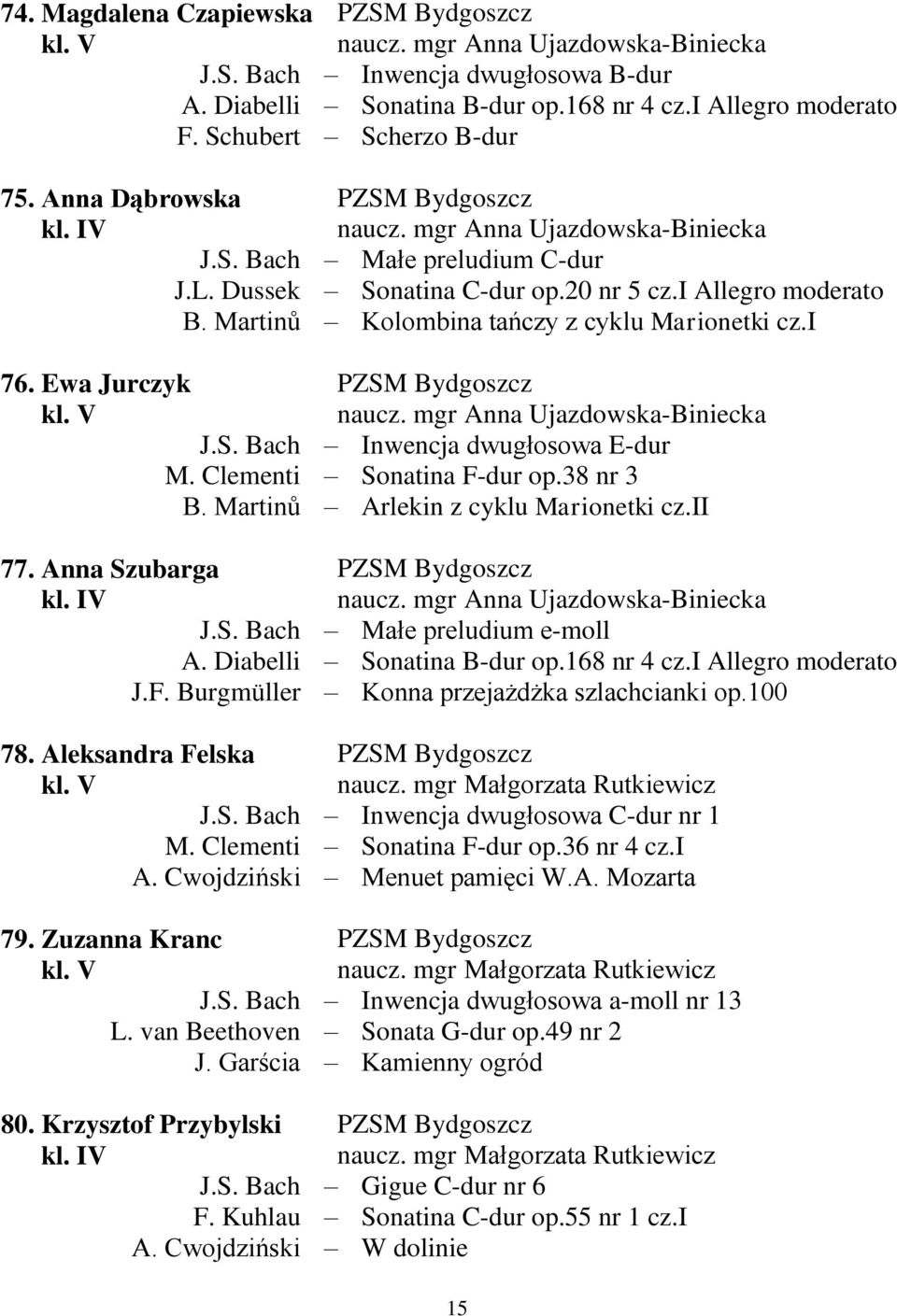 mgr Anna Ujazdowska-Biniecka Małe preludium C-dur Sonatina C-dur op.20 nr 5 cz.i Allegro moderato Kolombina tańczy z cyklu Marionetki cz.i naucz.