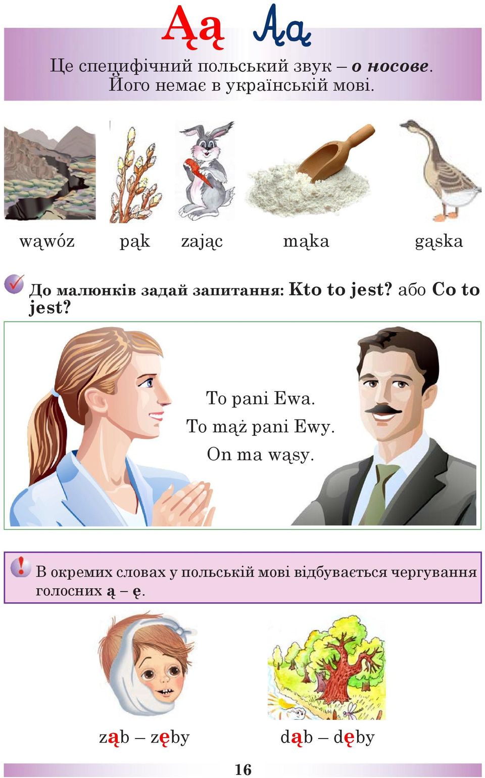 або Co to jest? To pani Ewa. To mąż pani Ewy. On ma wąsy.