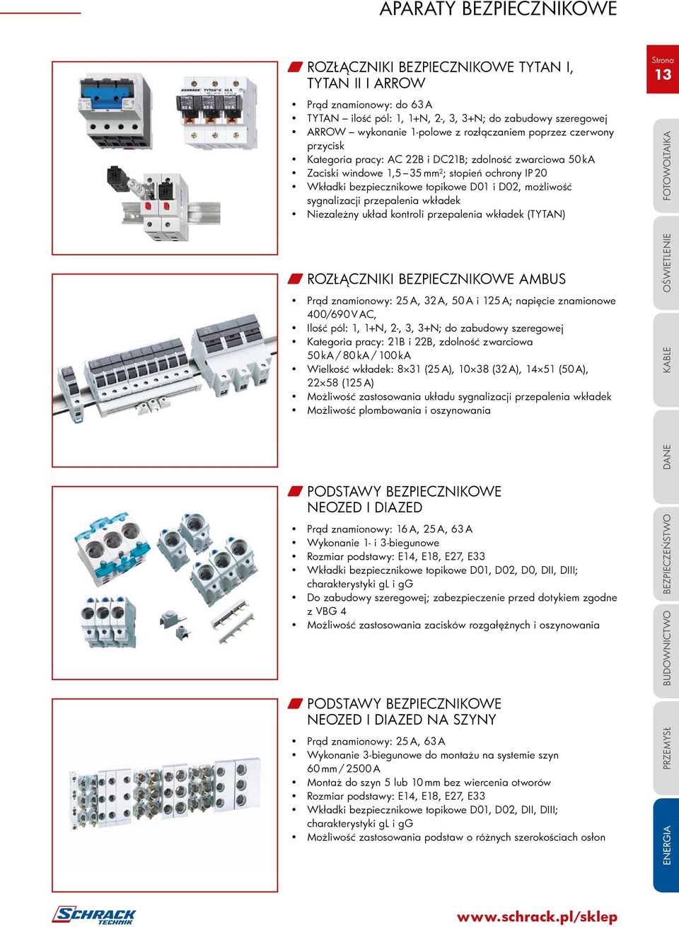 możliwość sygnalizacji przepalenia wkładek Niezależny układ kontroli przepalenia wkładek (TYTAN) 13 ROZŁĄCZNIKI BEZPIECZNIKOWE AMBUS Prąd znamionowy: 25 A, 32 A, 50 A i 125 A; napięcie znamionowe
