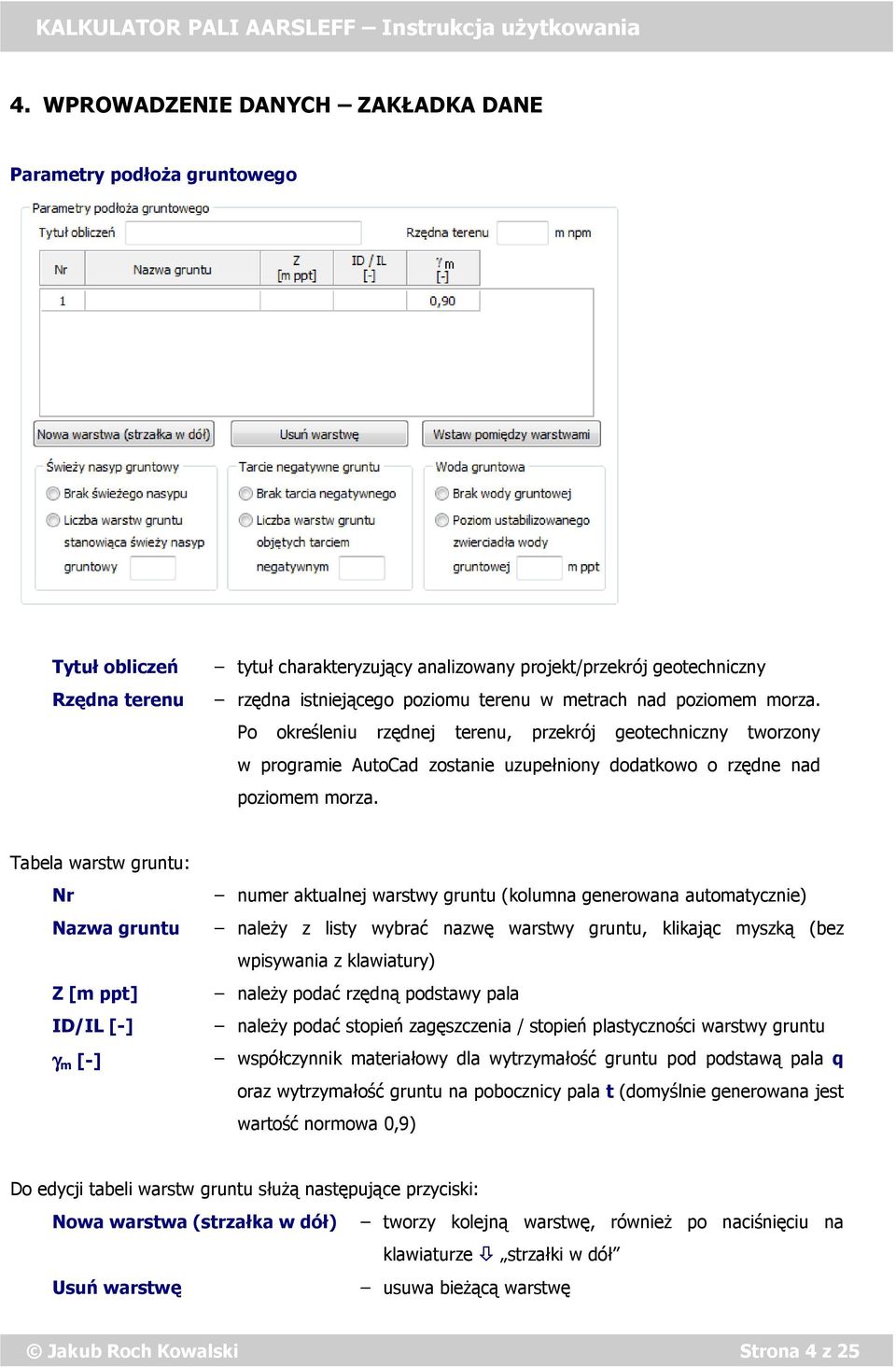 Tabela warstw gruntu: Nr Nazwa gruntu Z [m ppt] ID/IL [-] γ m [-] numer aktualnej warstwy gruntu (kolumna generowana automatycznie) należy z listy wybrać nazwę warstwy gruntu, klikając myszką (bez