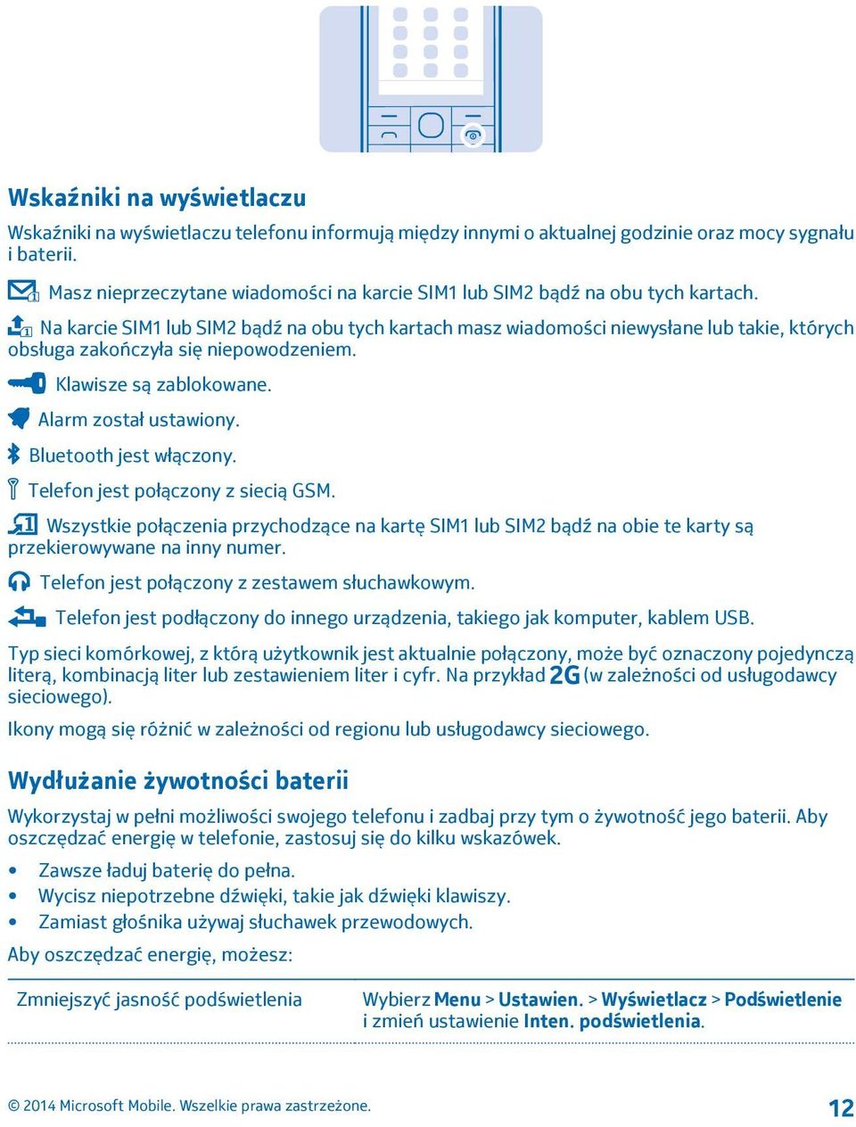 Na karcie SIM1 lub SIM2 bądź na obu tych kartach masz wiadomości niewysłane lub takie, których obsługa zakończyła się niepowodzeniem. Klawisze są zablokowane. Alarm został ustawiony.