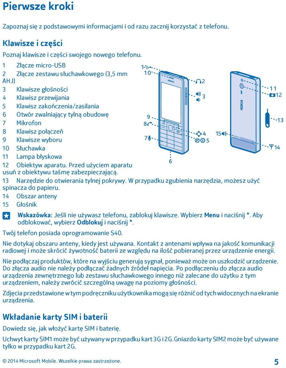 połączeń 9 Klawisze wyboru 10 Słuchawka 11 Lampa błyskowa 12 Obiektyw aparatu. Przed użyciem aparatu usuń z obiektywu taśmę zabezpieczającą. 13 Narzędzie do otwierania tylnej pokrywy.