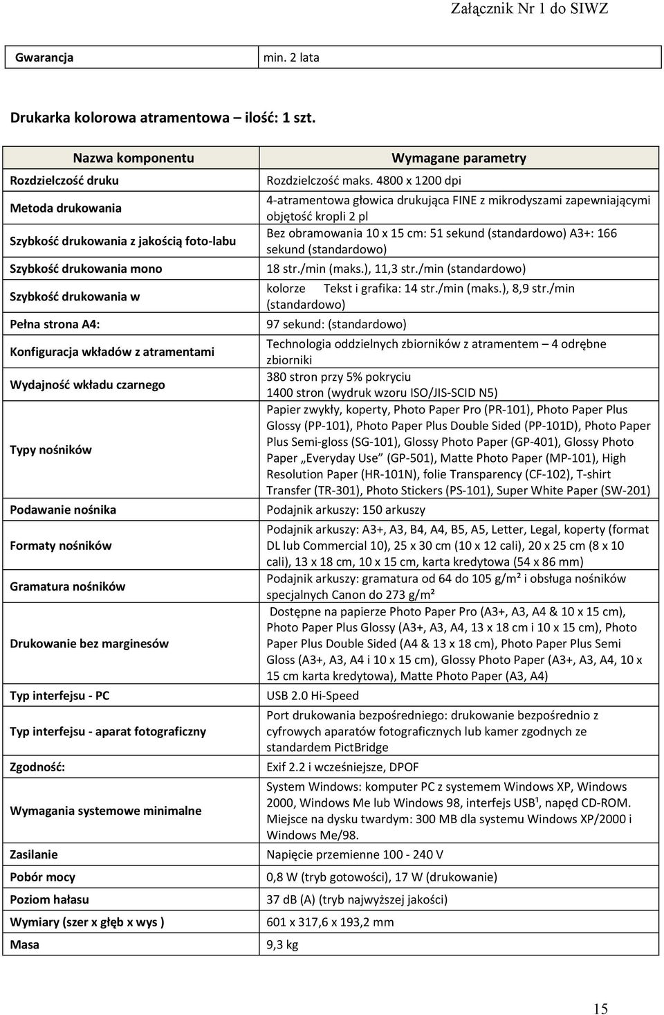 czarnego Typy nośników Podawanie nośnika Formaty nośników Gramatura nośników Drukowanie bez marginesów Typ interfejsu - PC Typ interfejsu - aparat fotograficzny Zgodność: Wymagania systemowe