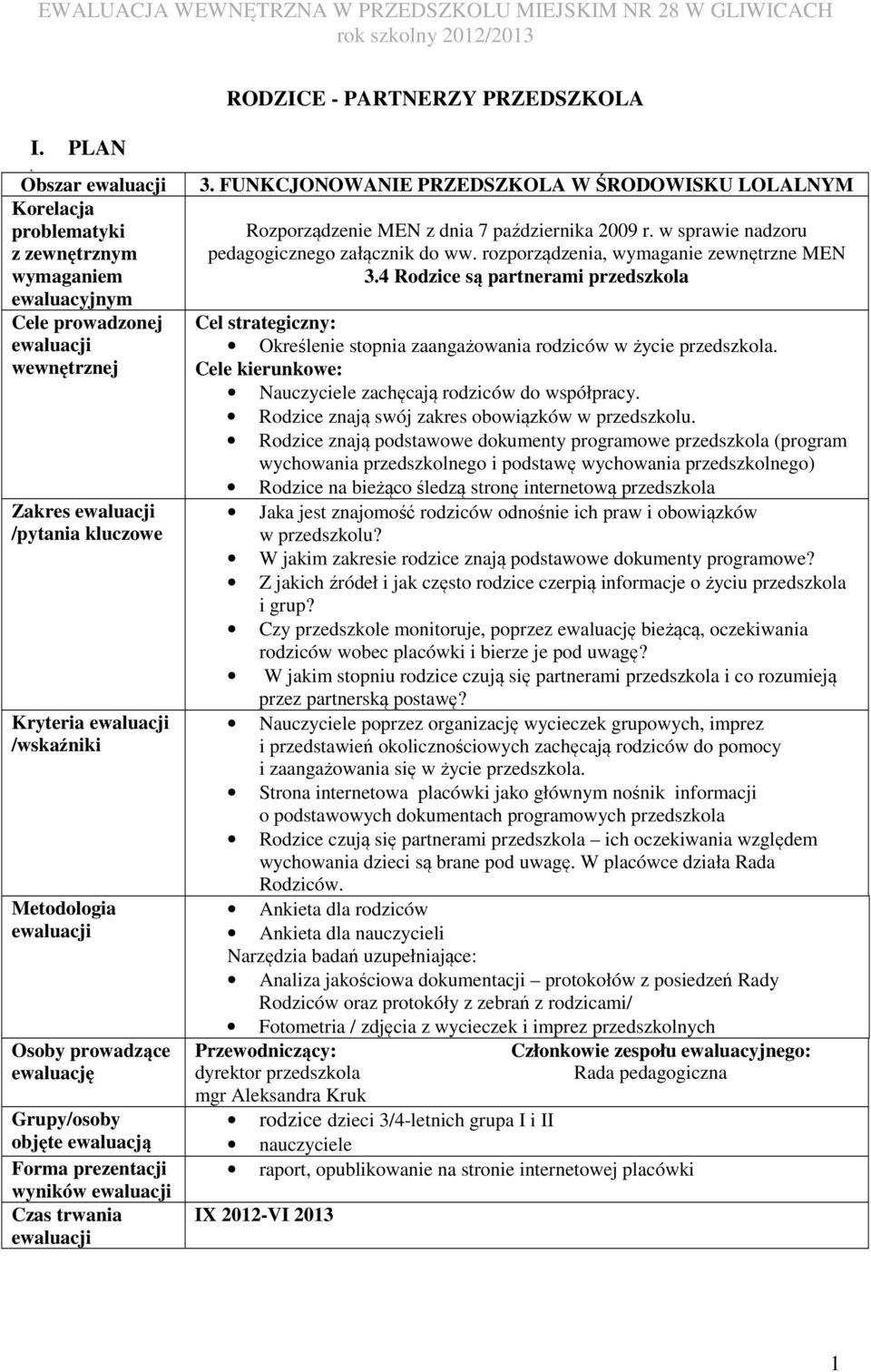 ewaluacji Osoby prowadzące ewaluację Grupy/osoby objęte ewaluacją Forma prezentacji wyników ewaluacji Czas trwania ewaluacji 3.