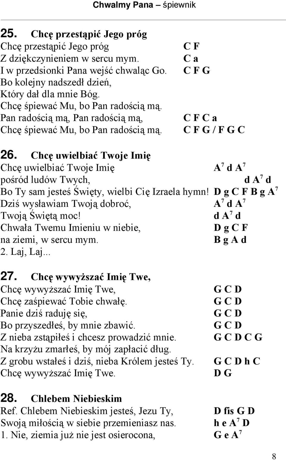 Chcę uwielbiać Twoje Imię Chcę uwielbiać Twoje Imię A 7 d A 7 pośród ludów Twych, d A 7 d Bo Ty sam jesteś Święty, wielbi Cię Izraela hymn!