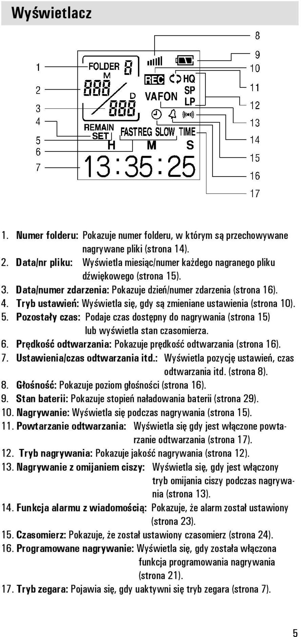 Pozostały czas: Podaje czas dostępny do nagrywania (strona 5) lub wyświetla stan czasomierza. 6. Prędkość odtwarzania: Pokazuje prędkość odtwarzania (strona 6). 7. Ustawienia/czas odtwarzania itd.