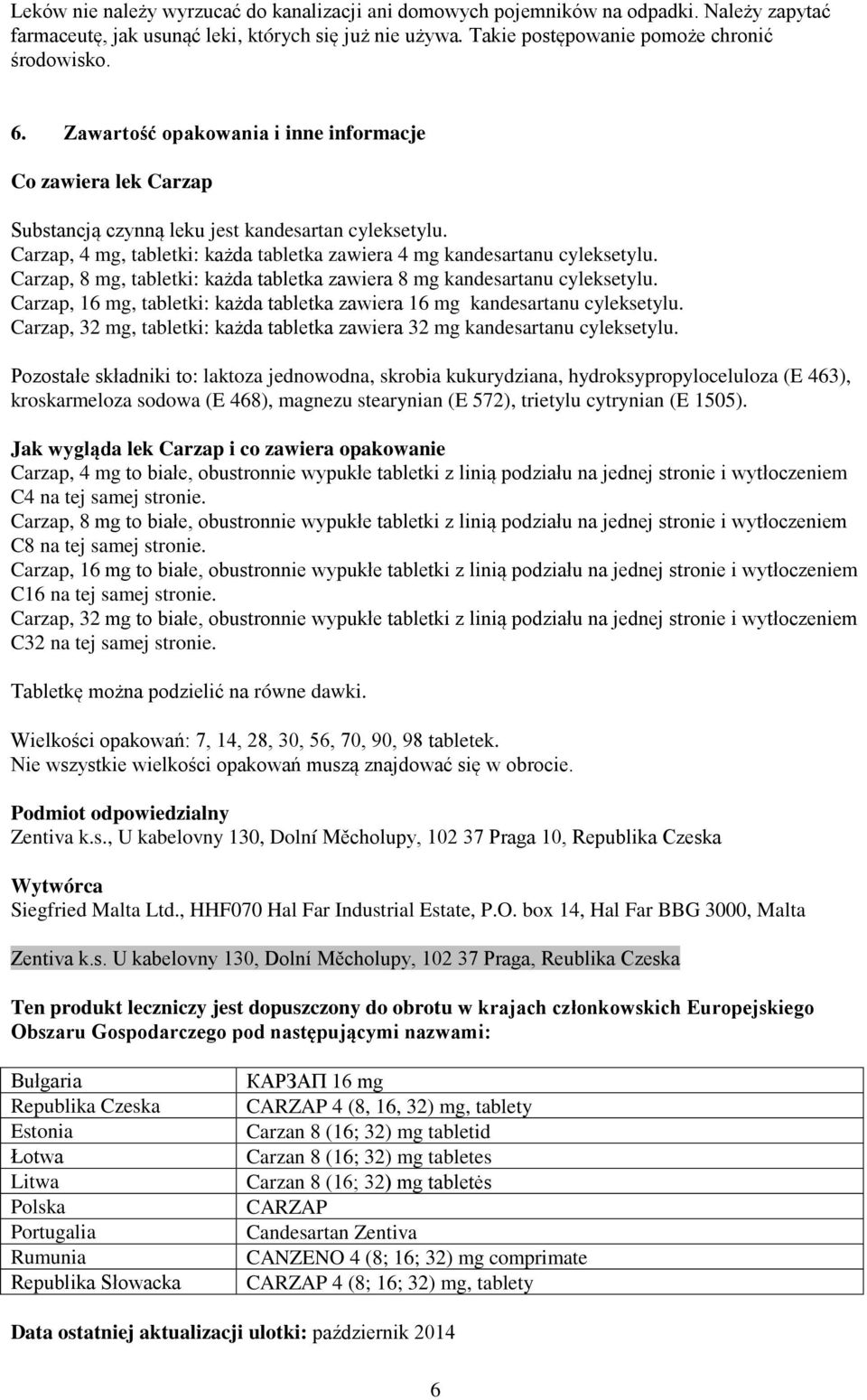 Carzap, 8 mg, tabletki: każda tabletka zawiera 8 mg kandesartanu cyleksetylu. Carzap, 16 mg, tabletki: każda tabletka zawiera 16 mg kandesartanu cyleksetylu.