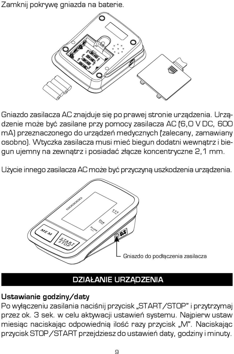 Wtyczka zasilacza musi mieć biegun dodatni wewnątrz i biegun ujemny na zewnątrz i posiadać złącze koncentryczne 2,1 mm. Użycie innego zasilacza AC może być przyczyną uszkodzenia urządzenia.