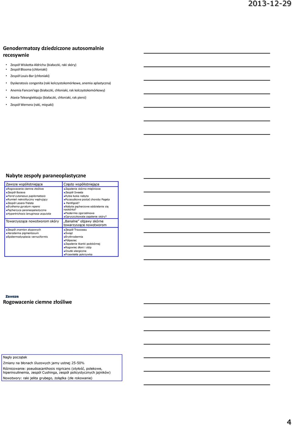 Nabyte zespoły paraneoplastyczne Zawsze współistniejące Rogowacenie ciemne złośliwe Zespół Bazexa Florid cutaneous papilomatosis Rumień nekrolityczny wędrujący Zespół Lesera-Trelata Erythema gyratum