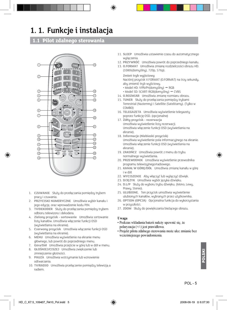 Umożliwia włączenie funkcji OSD (wyświetlania na ekranie). 5. Czerwony przycisk Umożliwia włączenie funkcji OSD (wyświetlania na ekranie). 6.