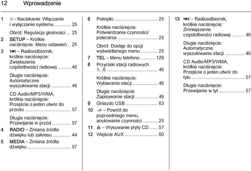 .. 46 CD Audio/MP3/WMA, krótkie naciśnięcie: Przejście o jeden utwór do przodu... 57 Długie naciśnięcie: Przewijanie w przód... 57 4 RADIO Zmiana źródła dźwięku lub zakresu.