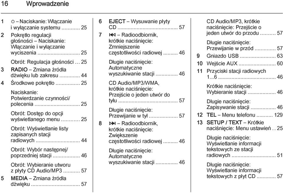 .. 25 Obrót: Wyświetlanie listy zapisanych stacji radiowych... 44 Obrót: Wybór następnej/ poprzedniej stacji... 46 Obrót: Wybieranie utworu z płyty CD Audio/MP3... 57 5 MEDIA Zmiana źródła dźwięku.